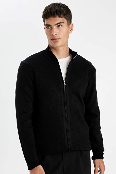 DeFacto Negru Standard Fit Croială obișnuită Guler Stand Tricoturi cu fermoar...