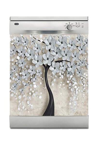 StickerArt Bulaşık Makinesi Sticker Kaplama Beyaz Eşya Kaplama 3D Ağaç Gri
