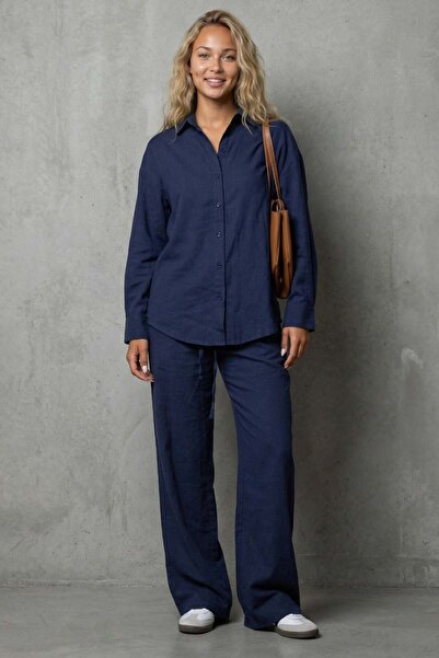 Madmext بدلة قميص وبنطلون نسائي أساسي باللون الأزرق الداكن MG2352