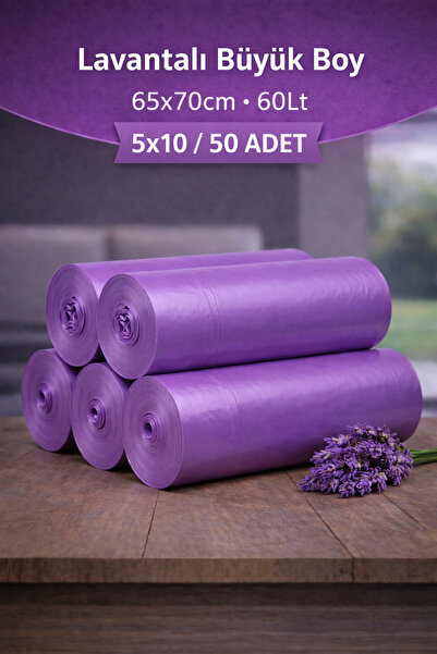 naft Büzgülü Büyük Boy Lavanta Kokulu Çöp Torbası 10'lu 5 Rulo 65x70 Çöp Poşe...