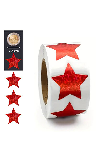 hdcw 500 ADET 2.5cm RULO YAPIŞKANLI KIRMIZI HOLOGRAFİK YILDIZ DESENLİ STICKER...