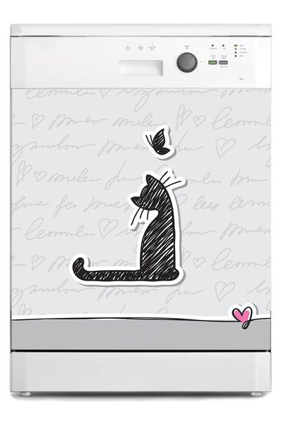 StickerArt Bulaşık Makinesi Sticker Kaplama Beyaz Eşya Kaplama Kedi Kelebek
