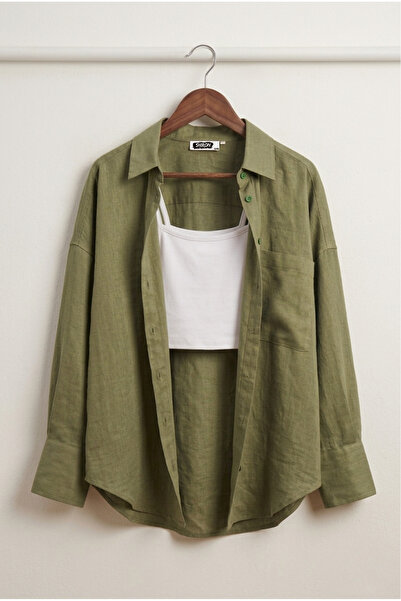 Shiron Sportswear&Company قميص نسائي كاكي كبير الحجم من الكتان 100% قطن