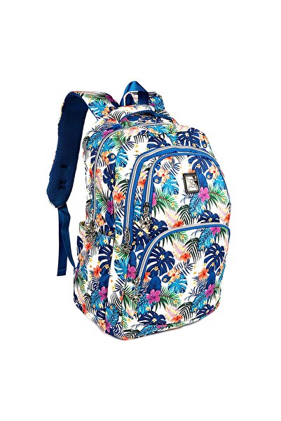 Mesco Ghiozdan școlar alb-albastru la modă, cu 4 compartimente, cu flori, 42 ...