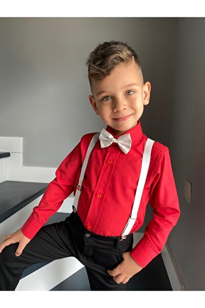 Entel Erkek Çocuk Uzun Kol Kırmızı Gömlek Askı Papyon Takım