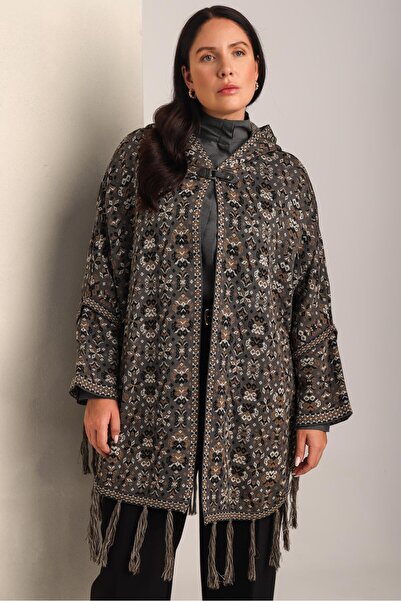 Uludağ Triko Καπνιστό πόντσο με λουλουδάτο σχέδιο και κουκούλα