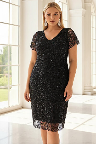 SUBU TASARIM V-Neck Lace Stone Detailed Midi Length Plus Size Evening Dress T...