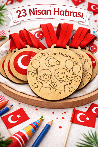 Renkli Dükkan2 23 Nisan Ahşap Madalya 50 Adet