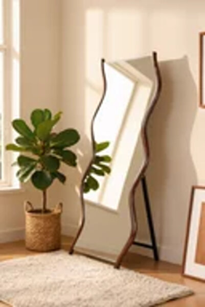 MARIA HOMES مرآة أرضية كاملة الطول بتصميم متموج حديث مع إطار خشبي داكن وحامل