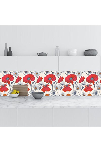 StickerArt Mutfak Tezgah Arası Folyo Fayans Kaplama Folyosu Kırmızı Çiçek Çiz...