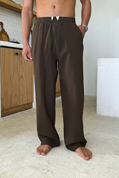 Flaw Wear Elastic Waist Comfortable Fit Linen Trousers Brown