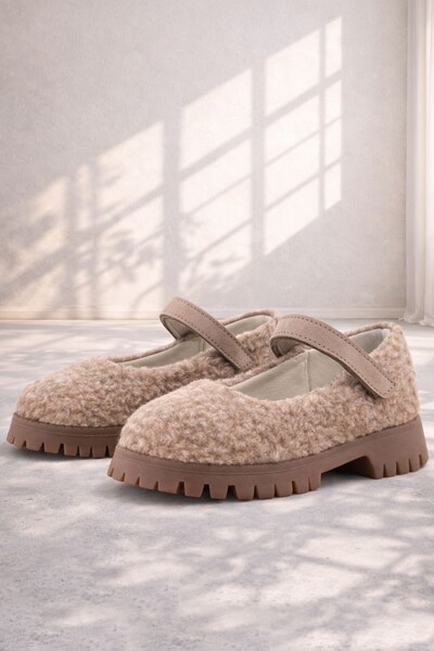 Rakerplus Бежови момичешки балетни пантофки с дебела подметка и велкро