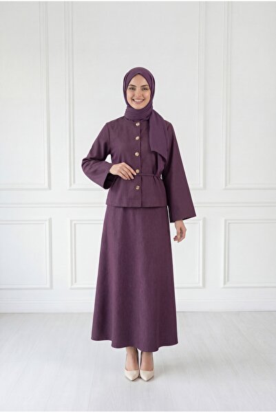 MİHRA STORE Aksa Σετ Τζιν με Χρυσά Κουμπιά και Φαρδιά Φούστα - FA1066 Βουργουνδί