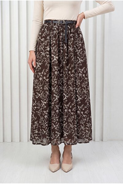 MİHRA STORE Elzem Belt Piece Crispy Pattern Skirt-Ek833 Brown