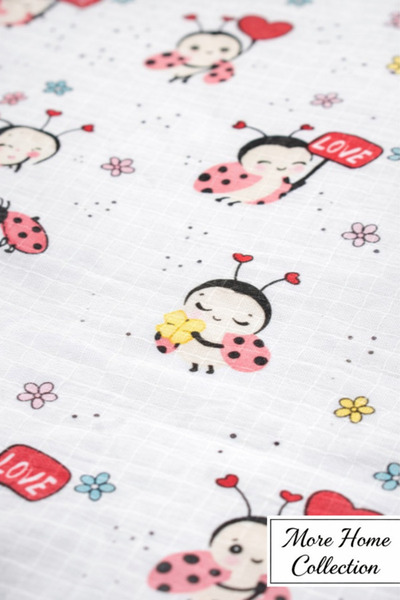 MORE HOME 100% Cotton Single Layer Muslin Cloth 90X90 cm Heart & Ladybug