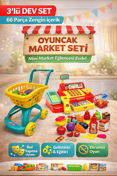 YILDIRIM OYUNCAK Süper Market Yazar Kasası Eğitici Market Arabası File Meyve ...