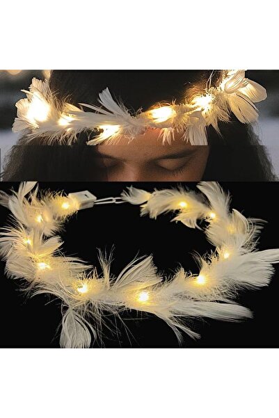 partidolu Halloween Gün Işığı Renk Led Işıklı Tüylü Melek Halo Hare Taç Beyaz...