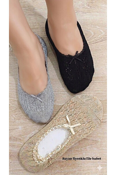 Ünlü حذاء باليه شبكي للنساء مع ربطة، قطن، قابل للتمدد، 3 أزواج