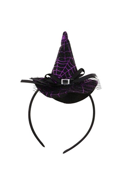 partidolu Halloween Mor Renk Ağ Desenli Tüllü Kurdeleli Cadı Şapkası Şeklinde...
