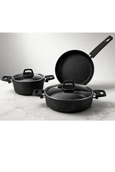 LAVONNI طقم أواني طهي من الجرانيت المطحون من دارك ستون - 5 قطع - أسود - 20 طب...