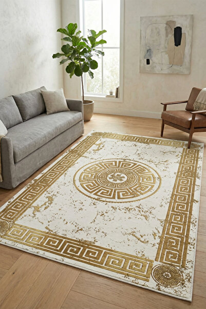 VOPTEKS Beyaz Gold Halı Salon Halısı Makinede Yıkanabilir Halı Kaymaz Taban Halı