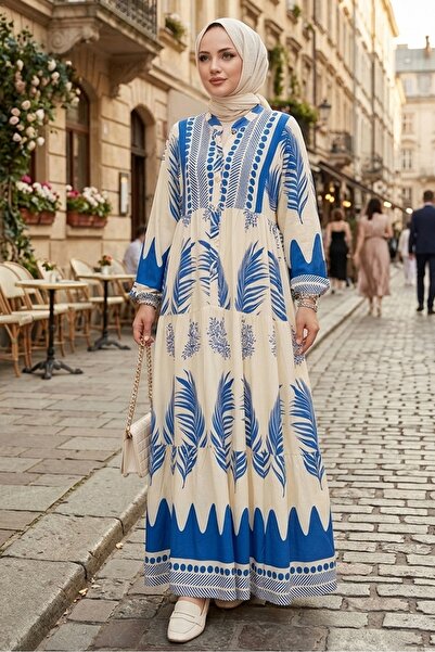 Bestenur Dilar Φόρεμα με μισό κουμπί υφαντό βισκόζη 1484 - Indigo