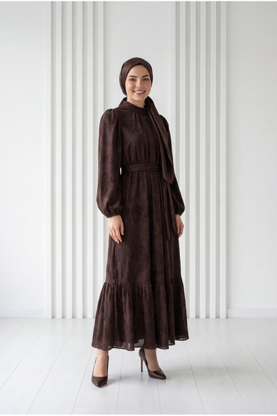 BENAHOLL Mihri Desenli Önü Pileli Balon Kol Tül Elbise-PA9820 Kahve