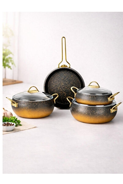 LAVONNI Caldora 7 Parça Granit Güveç Tencere Seti Siyah Gold Saplı - 20/24/26...