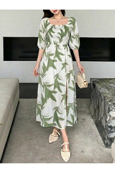 mass fashion Kadın Gipeli Omuzu Lastikli Desenli Saten Elbise