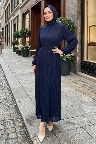 Bestenur Belted Lined Chiffon Dress 1690 - Navy Blue