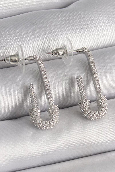 Skygo Brass Silver Color Zircon Stone Safety Pin Model Women's Earrings