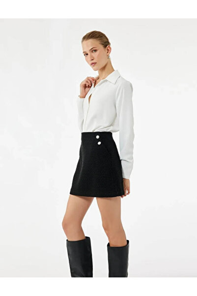 Koton Μίνι τουίντ μαύρη γυναικεία φούστα με λεπτομέρεια με κουμπιά με πέρλες ...