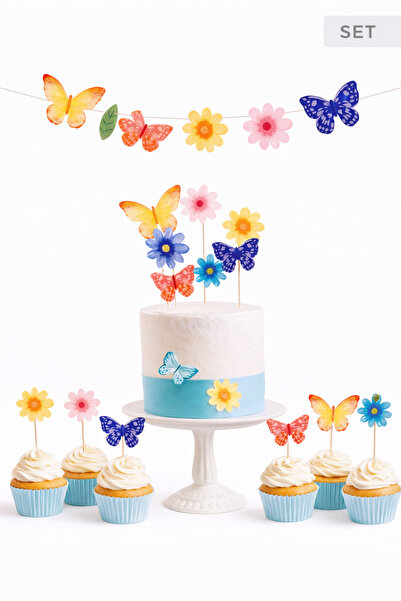 Partifabrik Σετ πάρτι με θέμα την πεταλούδα μαργαρίτα με απαλές παστέλ αποχρώ...