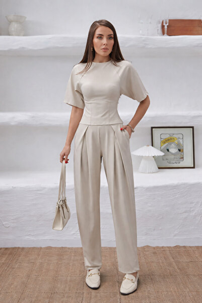 Ales Moda Summer Diagonel Fabric Waist-Slit Pleated Pant Set