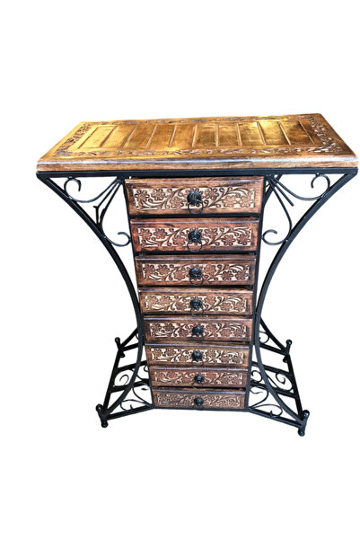 Otantik Çarşı Ahşap Ferforje Dresuar Komodin Etajer 8 Çekmeceli 30x60x84 cm.