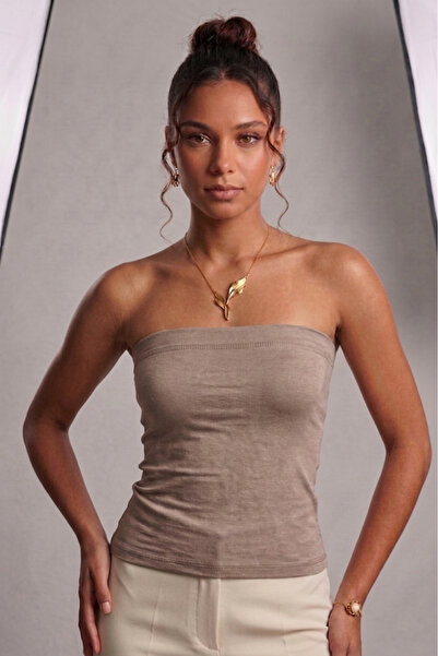 Mrey Beige Viscose Combed Cotton Plain Basic Strapless Bustier, Athlete T-Shi...