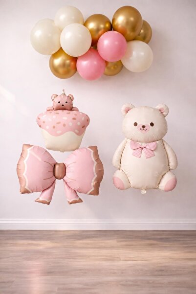 Patladı Gitti Baby Shower Retro Ayıcık Temalı Kız Bebek Kutlama Seti