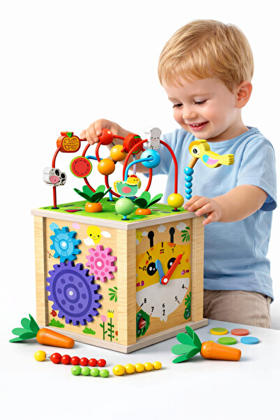 Montessori „Jucărie din lemn cu 5 activități diferite care dezvoltă inteligen...