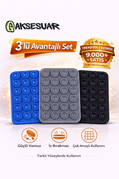 Q Aksesuar 3’lü Silikon Vakumlu Telefon Tutucu | Yapışkanlı Kaymaz Vantuzlu C...