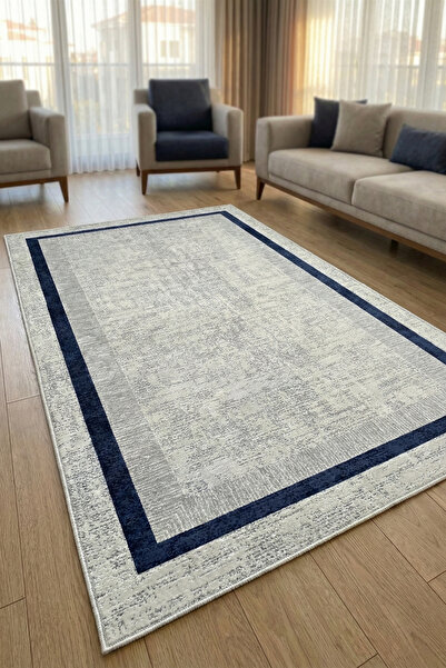VOPTEKS Lacivert Gri Salon Halısı Makinede Yıkanabilir Halı Kaymaz Taban Halı