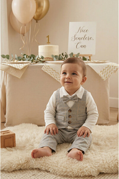 Mini Ropa Yelekli Erkek Bebek Takım Kareli Gri Özel Gün Kıyafeti Doğum Günü B...
