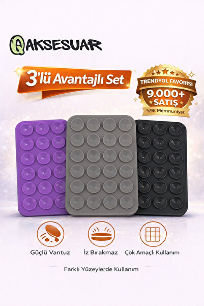 Q Aksesuar 3’lü Silikon Vakumlu Telefon Tutucu | Yapışkanlı Kaymaz Vantuzlu C...