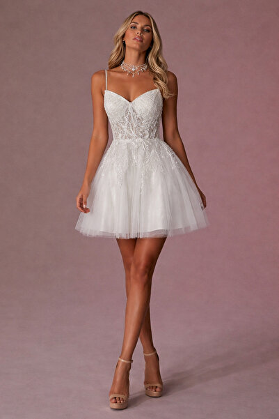 MEDUSA İlyana After Düğün Nikah Nişan Beyaz Mini Tüllü Kısa Elbise