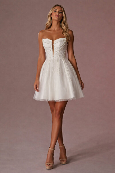 MEDUSA Dea Blanca İnci Sarkaçlı Kısa Boy After Mini Gelinlik Nişan Nikah Elbi...