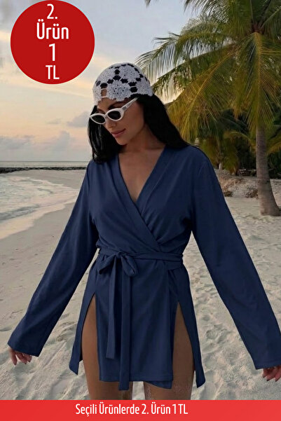 COMBİNE MİCHAİL Kadın V Yaka Salaş Kuşaklı Lacivert Kimono