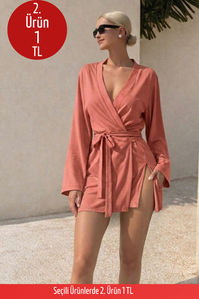 COMBİNE MİCHAİL Kadın Soft V Yaka Kuşaklı Pembe Kimono