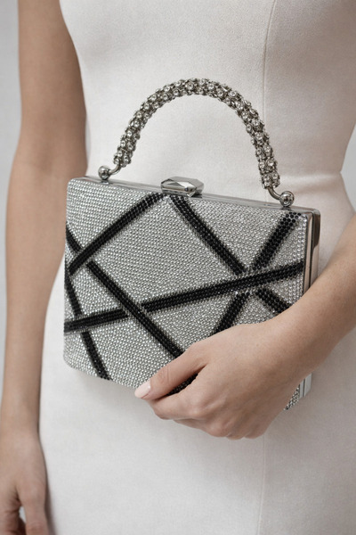 NAZART Γυναικεία βραδινή τσάντα χειρός με αλυσίδα και λουράκι, ασημένια, με σ...