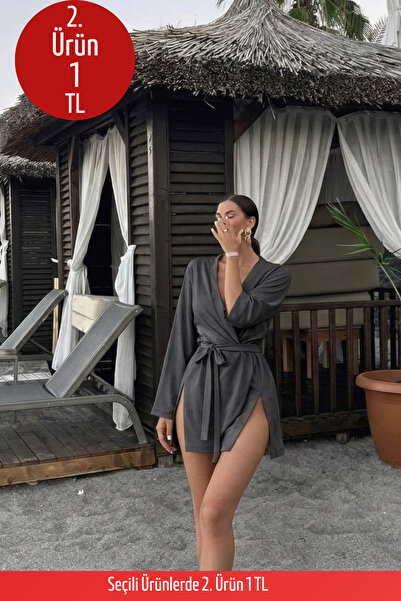 COMBİNE MİCHAİL Kadın Straight Fit Basic Füme Mini Kimono