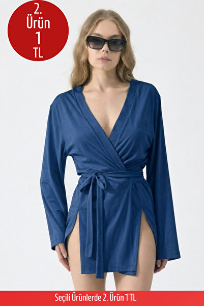 COMBİNE MİCHAİL Kadın Plaj Giyim Rahat Kuşaklı Mavi Kimono