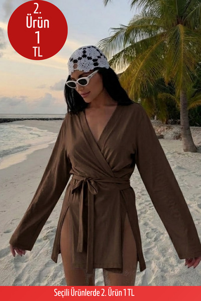 COMBİNE MİCHAİL Kadın V Yaka Salaş Kuşaklı Kahve Kimono